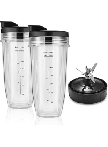 Replacement Blender Cup, 24oz for Ninja Blender Cups with To-Go Lids, 7 Fins Extractor Blade, Compatible with for Nutri Ninja Auto iQ Blenders BL2012 BL480-30 BL640-30 BL642-30 NN100-30 (2 Pack)