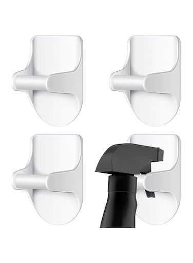 4 Pcs Wall Mount Spray Bottle Hooks Holder Spray Bottle Hanger Adhesive Hook to Create Storage Space Spray Bottle Rack Organizer Hanger for Cabinet Kitchen Variety Surfaces Spray Bottle