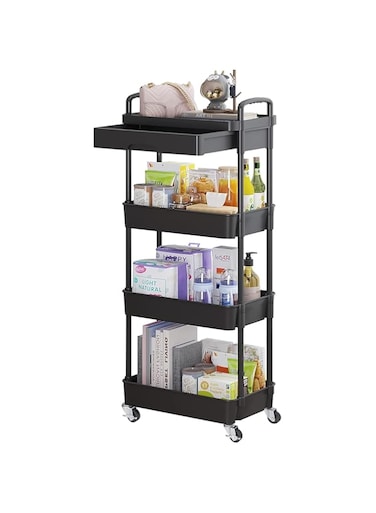 MostNow 4-Tier Rolling Utility Cart with Drawer,Multifunctional Storage Organizer with Plastic Shelf &amp; Metal Wheels,Storage Cart for Kitchen,Bathroom,Living Room,Office, (Black-4Tier)
