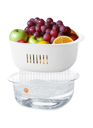 Tazweeq Kitchen Colanders Bowl Set, BPA Free, 2In 1 Double Layered Fruit Vegetable Washing Food Strainers Storage Container Basket, White