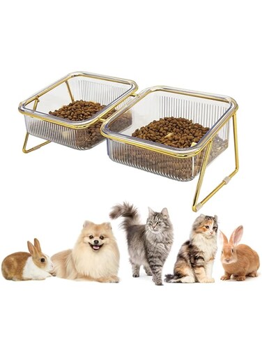NALACAL Elevated Double Cat Bowls, Pets Water and Food Transparent Bowl 15&deg;Tilted Raised Pet Feeder Stand, with 2 Large Plastic Bowl and Iron Stand Anti Slip, Perfect for Kittiens Small Dogs