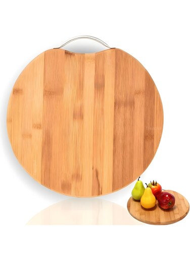 Round Bamboo Cutting Board 34cm with Stainless Steel Handle &acirc;&euro;&ldquo; Thick 1.8cm Wooden Chopping Board for Kitchen Food Prep, Meat, Vegetables, Cheese, Bread &amp; Pizza Serving Tray &acirc;&euro;&ldquo; Durable Eco-Friendly Kitchen Board.