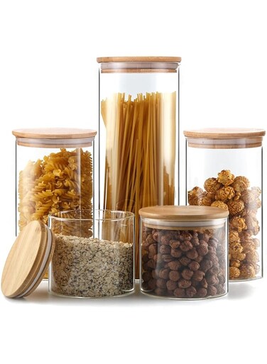 YUNCANG Glass Storage Jars [Set of 5],Clear Glass Food Storage Containers with Airtight Bamboo Lid Stackable Kitchen Canisters for Candy,Cookie,Rice,Sugar,Flour,Pasta,Nuts and Spice Jars