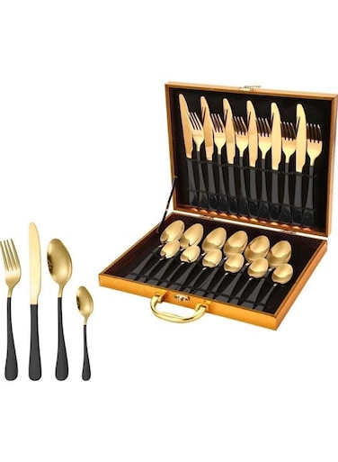 24-Piece Stainless Steel Cutlery Set &acirc;&euro;&ldquo; Gold &amp; Black Finish   Reusable Spoon, Fork &amp; Knife Set