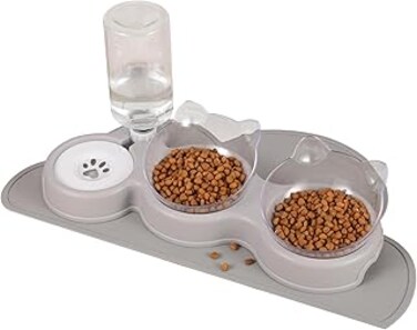 3-in-1 Cat Bowl with Anti-slip Protective Pad,Cat Bowl with Stand Tilted 15&deg;,Double Cat Bowls with Water Dispenser,Petachable Pet Bowl,Anti-Spill and Adjustable Pet Food Bowl