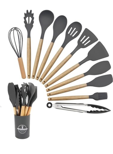 Kitchen utensil set, 12pcs silicone utensil, heat resistant cookware with Holder, wooden handle cookware for non-stick pans, silicone kitchen utensil set