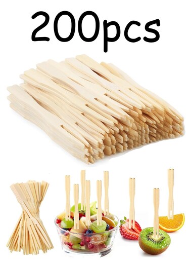Bamboo Appetizer Forks, 3.5 Inch Mini Bamboo Forks for Charcuterie Boards Accessories, Fancy Toothpicks for Appetizers, Disposable Wooden Cocktail Fork, Small Fruit Food Picks for Party Supplies