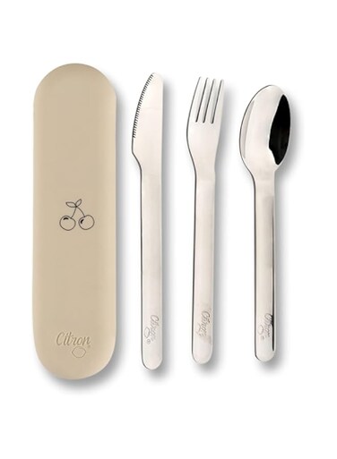 Citron Citron- Stainless Steel Cutlery Set 3 pc Silverware Fork, Spoon and Knife, Reusable Travel Utensils &amp; Flatware Set for Kids- Cherry