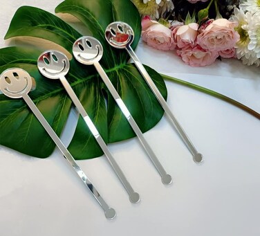 Yuxuanish Set of 20 Smiley Face Stir Sticks - Silver Mirror Acrylic Cocktail Stirrers for Party Decor