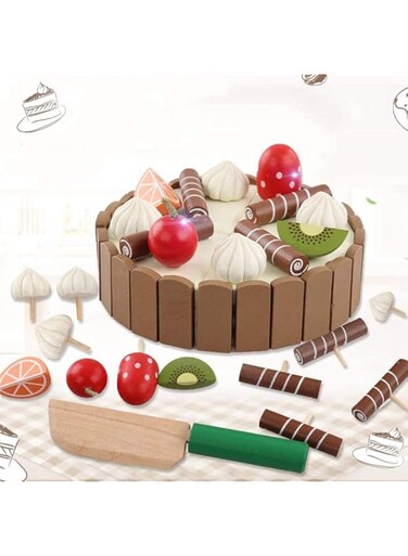 ELECDON Wooden Birthday Cake Toy with Magnetic Dessert Pieces Cutting Knife Fruit Toppings Fun Kitchen Pretend Play Food Educational Cooking Set for Kids