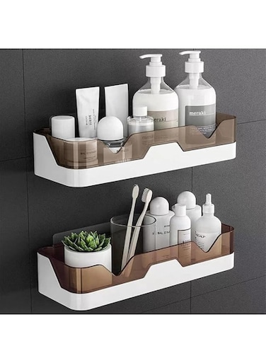 Lomeshow Bathroom Organizer Shower Caddy 2 Pack Wall Mounted Bath Shelves Kitchen Organization and Storage Bathroom Wall Mount Adhesive Shower Caddy Corner Shampoo No Drilling Spice Rack (Brown)