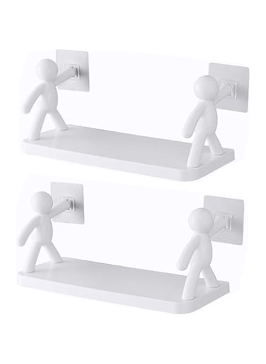 Nutrigrub 2 Pcs the Kitchen Toilet Villain Wall Hanging Receiver Shelf Self Stick Little Man, Villain Design White Floating Shelves, Punching-free Storage Rack for Kitchen, Bathroom (White)