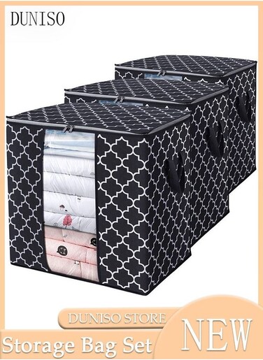 3-Piece Large Capacity Foldable Storage Bag with Clear Window Clothes Storage Bins Storage Containers with Durable Handles Thick Fabric for Blanket Comforter Clothing Bedding