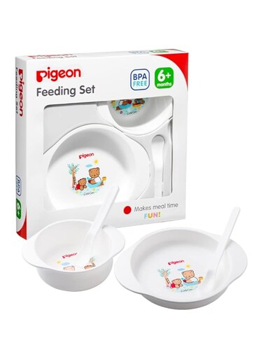 Pigeon Feeding Set, 1 Cereal Bowl, 1 Soup Bowl, 1 Feeding Spoon, 1 Baby Spoon, Quickly Explore, Makes Meal Time Fun, BPA Free, 6 + Months, White