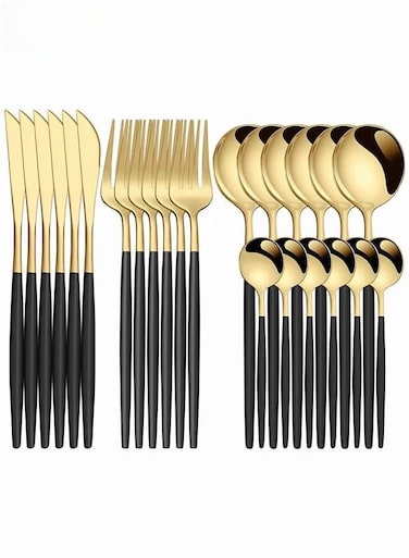 24 PCS Flatware Set with Knives Spoons and Forks, 410 Stainless Steel Flatware Set, Silverware Cutlery Set, Utensils Set Basics Tableware,Mirror Finish, Dishwasher Safe
