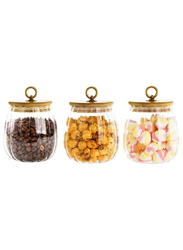 Glass Storage Jars with Airtight Lids, Decorative Coffee Bar Container with Airtight Bamboo Lid Metal Ring Canisters Sets for Home Kitchen Storing Candy, Cookie, Nuts, Oatmeal (Oval, 3pcs)