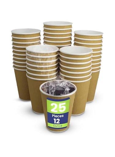 Disposable Coffee Cups, Kraft 12 oz Paper Coffee Cups Ripple Wall, 25 Count Hot Tea, Coffee, Kahwa, Hot Drinks &amp; Natural Brown - 25 Pieces.