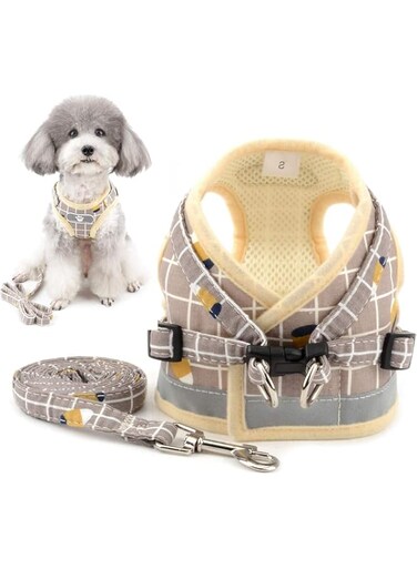 QUEENADA No Pull Dog Harness - Adjustable Reflective Oxford Dog Harness Soft Padded Pet Vest with Easy Control Handle for Small Medium Dogs, Cats with Rubbish bag(khaki)