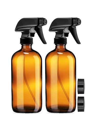 Sally's Organics Empty Amber Glass Spray Bottles with Labels - Refillable Container for Essential Oils, Cleaning Products, or Aromatherapy - Durable Black Trigger Sprayer w/Mist and Stream Settings