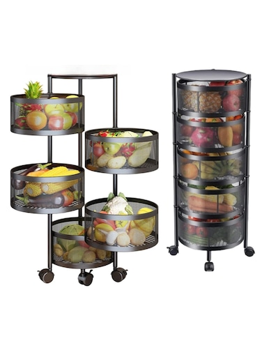 Premium Quality Multi-Layer Kitchen Storage Shelf, Rotatable Fruit Vegetable Basket, Circular Rotating Basket Large Storage Rack with 4 Movable Wheels (BLACK, 5 Ply)