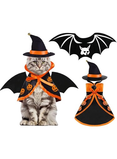 LYLYMIMI Halloween Cat Costume Bat Wings Witch Cloak Wizard Hat 3 PCS Pet Costumes for Small Cats Kittens Cosplay Halloween Party Decoration Bat Costume Cat Dress Up Accessories