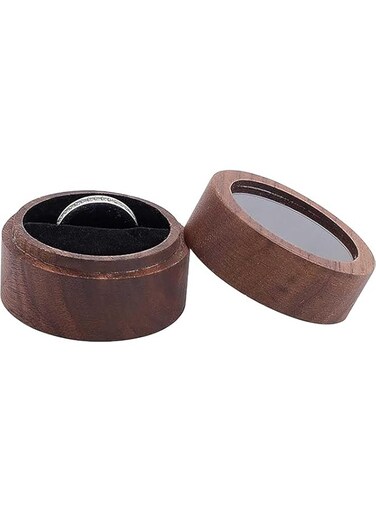 Tazweeq Walnut Wooden Ring Box, Round Wooden Jewelry Ring Box with Clear Window, With One Slot, Black Velvet, Suitable for Proposal, Engagement, Birthday and Wedding