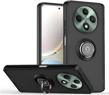 Case for Oppo Reno12 F Case Cover Metal Ring Holder Grip Kickstand Car Magnetic Mount Shockproof Matte Hard Back Bumper Case for Oppo Reno 12F (Black)