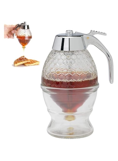 As Seen on TV Honey pot Syrup Honey Dispenser, Acrylic Syrup Honey Juice Bee Drip Bottle Container Cup Baking Tool with Storage Stand, No Drip 200ML Capacity