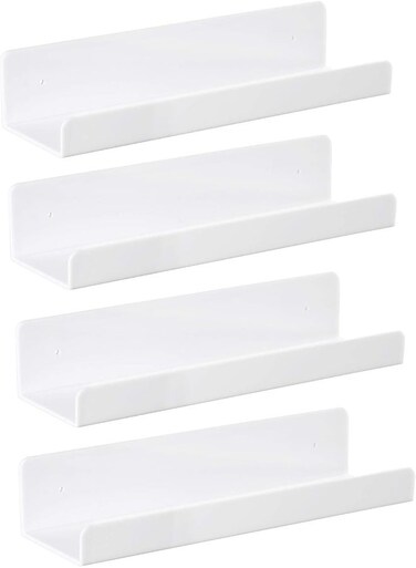 15 Inch White Acrylic Floating Wall Ledge Shelf, Wall Mounted Nursery Kids Bookshelf, 5MM Thick Home/Office/Bathroom Storage Shelves Display Organizer, Set of 4