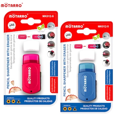 MOTARRO 2-in-1 Pencil Sharpener with Eraser MK012-5 &ndash; Single-Hole Manual Sharpener with Safety Blade, Non-Toxic &amp; Durable Steel Construction for Kids and Adults