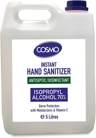 CD COSMO DESIGNS Cosmo Advanced Instant Hand Sanitizer Gel 5 Litre, IPA 70%, Germ Protection, Moisturizers, Vitamin E, Antiseptic &amp; Disinfectant, Sanitiser 5l, First Aid, Cleaner, Refill, 5000 ml