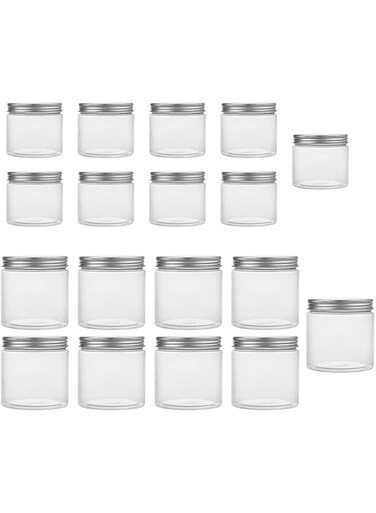 Tebery 18 Pack Clear Plastic Jars Bottles Containers with Silver Metal Lids 12oz &amp; 5oz Transparent Storage Container for Slime Kitchen Dry Goods and More