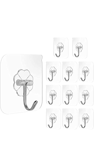 Adhesive Hooks Heavy Duty 4lb(Max) Transparent Traceless Seamless Wall Hooks Waterproof for Kitchen Bathroom Office (12 Packs)