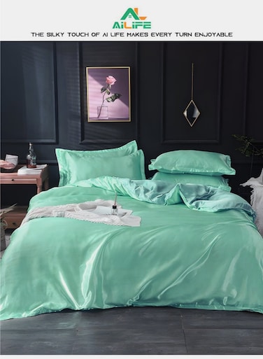 LIFE AI LIFE Satin Bed Sheet Set 4 Pieces King Size   Mint Green Luxury Bedding   Includes Quilt Cover, Fitted Sheet &amp; 2 Pillowcases   Soft, Breathable   230x250 cm