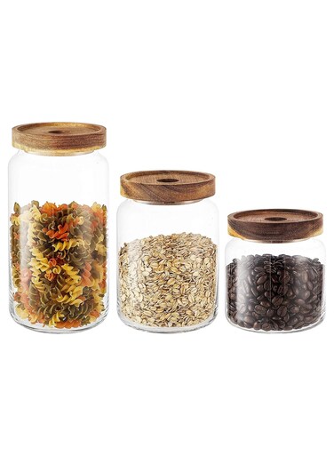 Airtight Glass Storage Jar with Acacia Wood Air-tight Lid,3 Pack Borosilicate Glass Kitchen Canisters&iuml;&frac14;&OElig;Glass Canister for Kitchen, Pantry Organization, Ideal for Coffee, Nuts, Cookie (S+M+L)