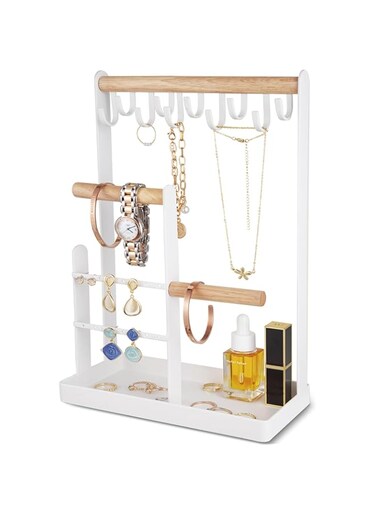 ProCase Jewelry Organizer Stand with Tray, Jewelry Display Metal Tree Holder Hanging Wooden Storage Stand for Necklace Bracelet Watch Earring Ring &ndash;White