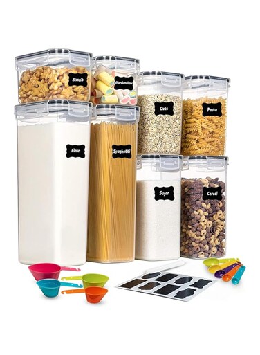 NIXUIO Airtight Food Storage Containers Set - Stackable Plastic Kitchen Canisters for Cereal, Flour, Sugar, pasta, rice - Pantry Organization with Labels, Marker, Measuring Spoon &amp; Cups [ 8 Pcs ]