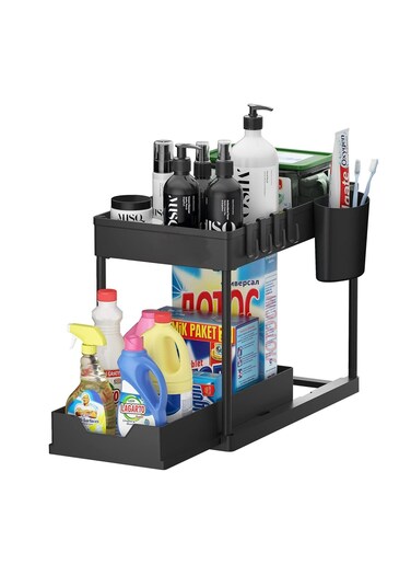 COOLBABY Sink Organizer 2-Tier Multifunctional Large Capacity Kitchen Sink Organizer and Storage Convenient Sliding Storage Drawer with Hooks and Hanging Cups