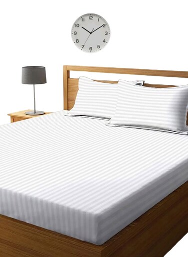 White Queen Size Stripe Deep Pocket Bed Sheet Set Cotton 180x200+25cm