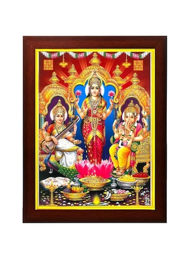zig zag Lakshmi, Ganesha and Saraswati , A elegant auspicious purpose, Tridevi Photo picture Frame For Wall hanging ,Temple, pooja Room, gift , Worship ( 24 x 34 cm , Brown Golden Border )