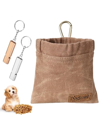 Aoflyda Small Dog Treat Pouch with Training Whistle, Waterproof Dog Training Treat Bag with Automatic Closure, Hands-Free Dog Snack Pouch Puppy Dog Walking Bag with Carabiner for Daily Use (Brown)