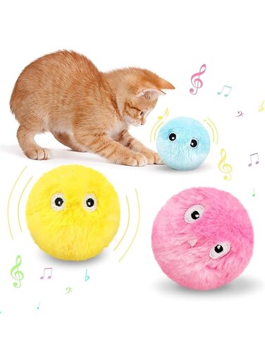 Aputue Interactive Toys for Cats Indoor, 3 Pack Interactive Chirping Balls Cat Kicker Toys, Cat Toy Balls, Upgrade Fluffy Cat Ball Plush Toys with Lifelike Animal Chirping Sounds for Your Cat Friend