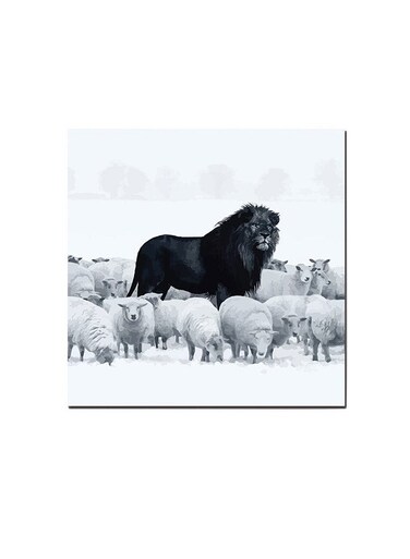 Lion And Sheeps Wall Art Painting White/Black 30 x 30centimeter