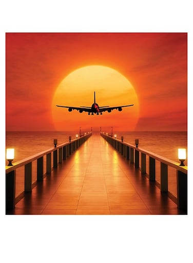 Airplane And Sunset Themed Printed MDF Wall Art Orange/Black/Yellow 30x30cm