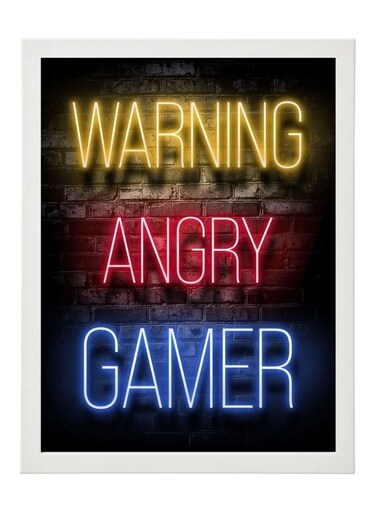 Warning Angry Gamer Neon Wall Art Poster Frame 30x40cm