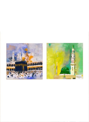 2-Pieces Islamic Al-Masjid An-Nabawi And The Kaaba Mdf Wall Art Multicolour 30x30cm