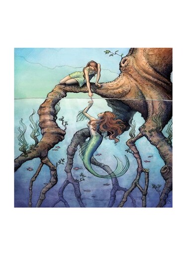 Girl With A Mermaid Mdf Wall Art Multicolour 30x30cm