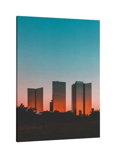 Sun Set On Building Printed Framed Canvas Wall Art Blue/Orange/Black 60x80centimeter