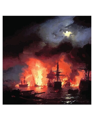 Naval Battle Themed Wall Art Orange/Black/Yellow 30x30cm