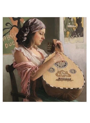 Oud Player Themed Wall Art Beige/White/Green 30x30cm